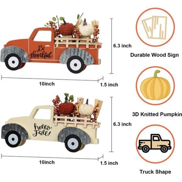 Fall Decorations for Home Large Size 2‎ Pack Wood Truck with Pumpkin Fall Decor - Picture 2 of 6